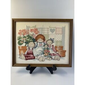 Vintage Needlepoint Handmade Wall Art Wood Frame Mother & Daughters Dolls 15x12"